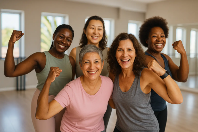 Grupo de mulheres maduras sorrindo e mostrando força, representando vitalidade na menopausa