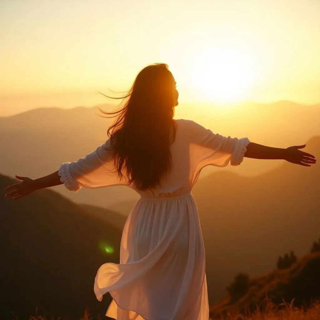 Mulher de braços abertos ao pôr do sol em um campo, representando liberdade e conexão interior
