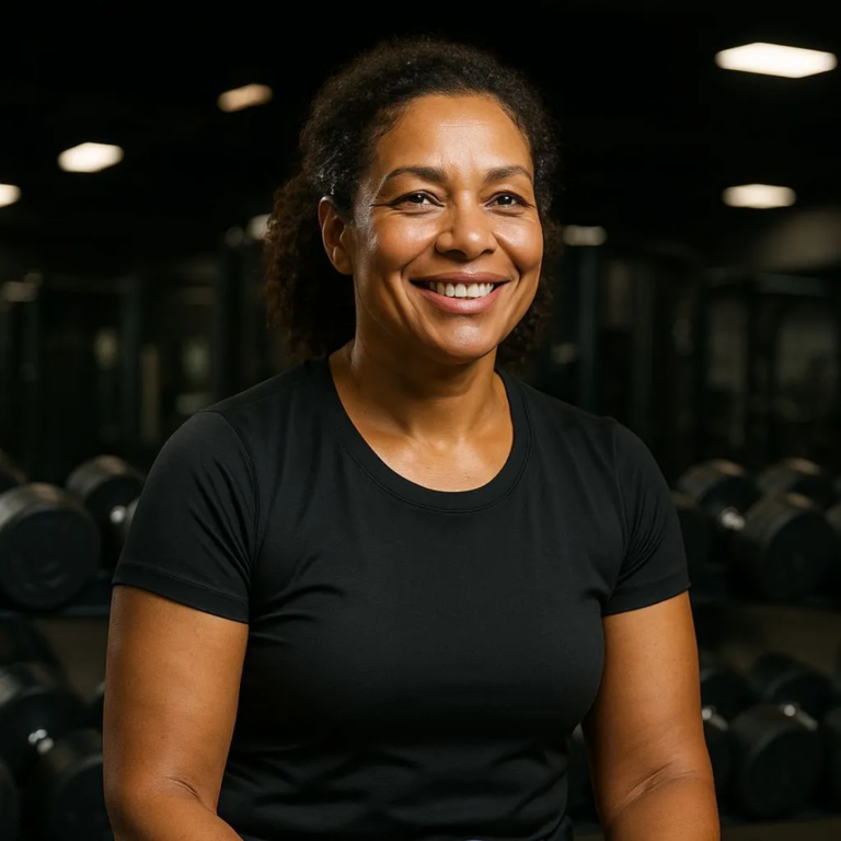 Mulher sorrindo na academia durante depoimento sobre a experiência Libfemme